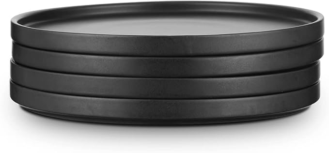 Stone Lain Coupe - Celina Stoneware Round Dinner Plates Set, 4-Piece, Black Matte