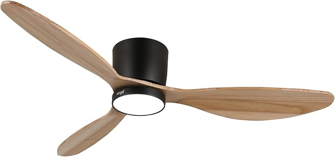 reiga 52" Natural Wood Ceiling Fan with Light and Remote, 3 Blade Flush Mount Low Profile Ceiling Fan for Bedrooom Living Room, Quiet DC Motor