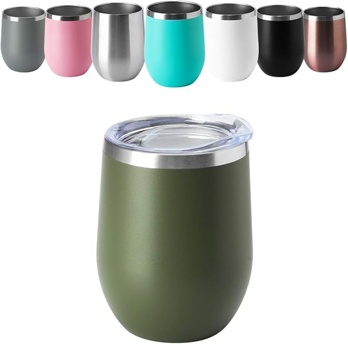 HASLE OUTFITTERS 12oz Wine Tumbler with Lid Stemless Wine Glasses Double Wall Vacuum Travel Mugs stainless steel Coffee Cup for Cold & Hot Drinks Wine Coffee Cocktails Beer 6 Pack Army Green