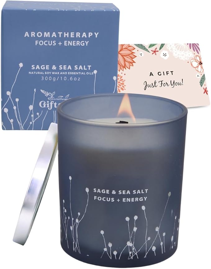 White Sage Sea Salt Scented Candle - Large Wood Wick Soy Candle 10.6 oz - Sage Candles for Cleansing House - Aromatherapy Energy Cleansing Candle
