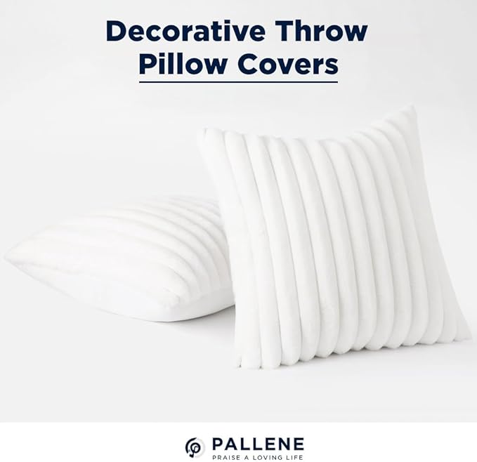 Pallene Faux Fur Plush Throw Pillow Covers 20x20 Set of 2, Luxury Soft Fluffy Striped Decorative Pillow Covers for Sofa, Couch, Living Room, White
