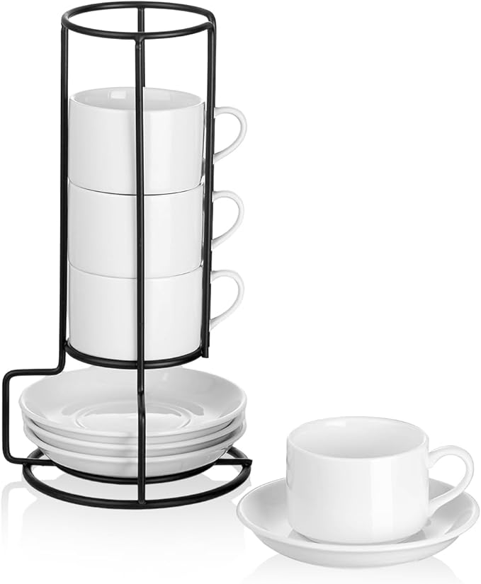 2.5oz Porcelain Stackable Espresso Cups with Saucers and Metal Stand Set of 4, Stackable Cappuccino Cups, White Expresso Shots Cup Set for Coffee Drinks, Latte, Tea