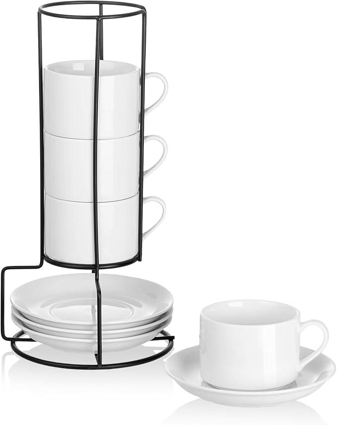 8oz Porcelain Stackable Cappuccino Cups with Saucers and Metal Stand Set of 4, Coffee Cups for Espresso, Specialty Coffee Drinks, Latte, Americano and Tea - White