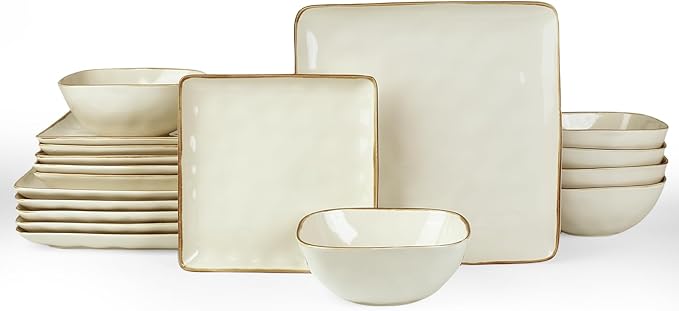Famiware Ocean Square Plates and Bowls Set, 18 Pieces Dinnerware Sets, Dishes Set for 6, Microwave and Dishwasher Safe, Scratch Resistant, Vanilla White