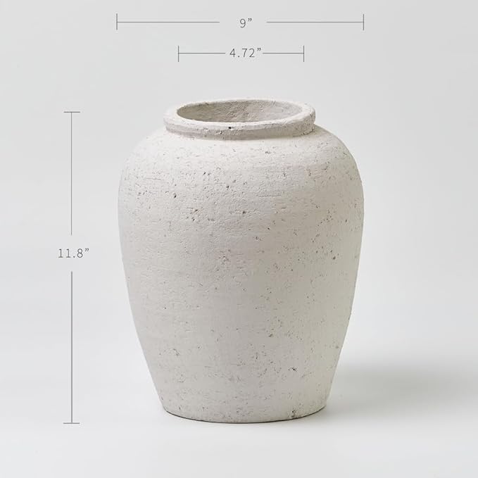 LB2 Large White Ceramic Vase, 11.8" Tall Zen Style Rustic vase, Terra Cotta Pitcher Vase, Distressed Farmhouse Decor, Pottery Decorative Flower for Home Decor (H 11.8" X 9.8")