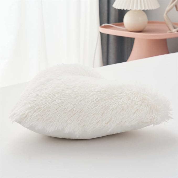 MOOWOO Plush Fluffy Heart Pillow, Fuzzy Throw Pillows for Mom Gifts,Solid Color, Zipper Close Decorative Throw Pillow for Valentines Day (White)