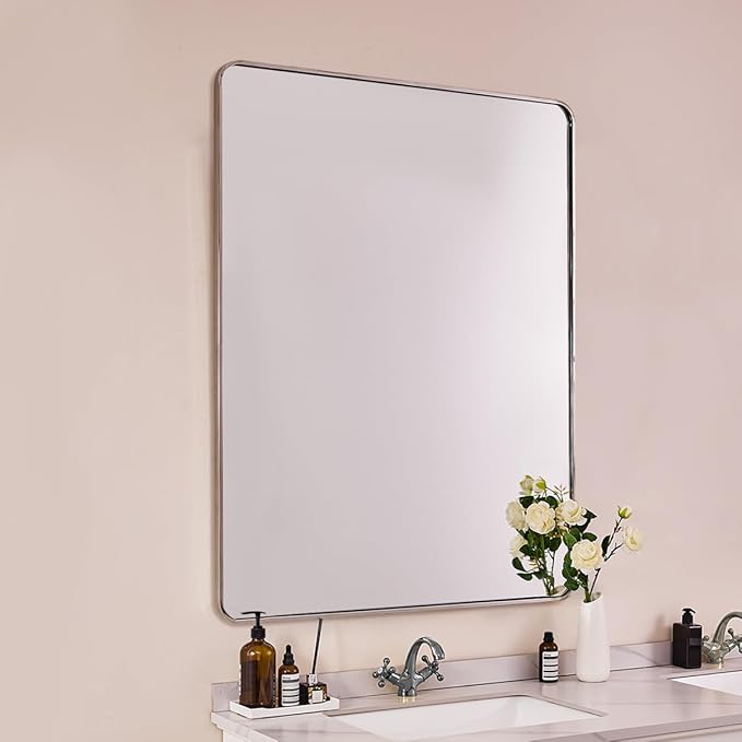ANDY STAR 30x48 Inch Brushed Nickel Bathroom Mirror, Rounded Corner Brushed Silver Mirror, SUS304-Anti-Rust Metal Tube Frame Wall Mounted Horizontal/Vertical 1’’ Deep