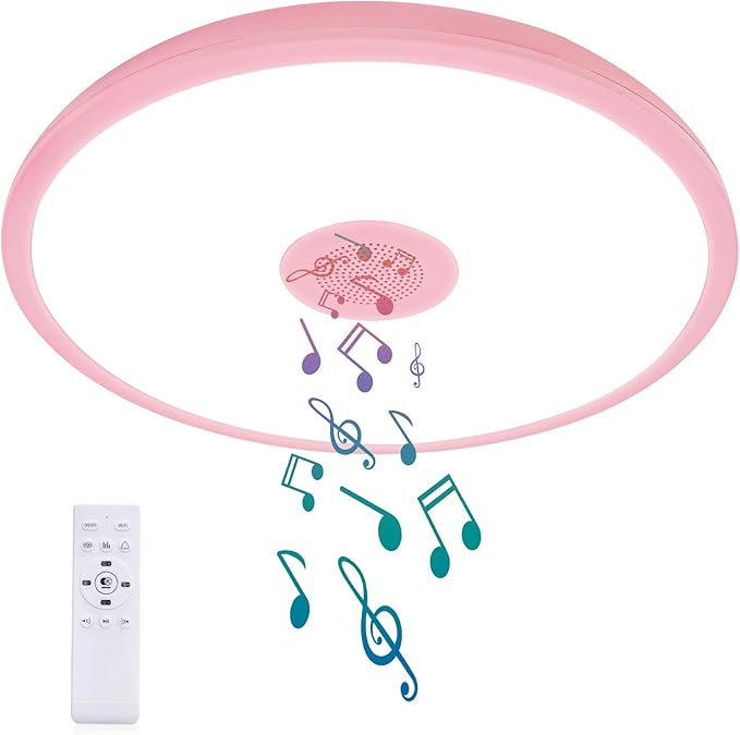 Pink Waterproof LED Ceiling Light Fixture,Music Ceiling Lamp,with Bluetooth Speaker,11Inch 18W, 2700K-6500K Dimmable RGB Color Changing Light with Remote Control,Suitable for Girls' Room