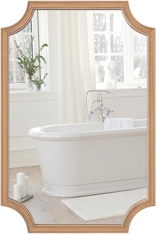 WallBeyond 20" x 30" Full Scalloped Corners Arch Rectangle Wall Mirror with Wood Frame for Entryway, Living Room or Bedroom Home Decor - Light Woodgrain [20" x 30" Honey-Colored ]