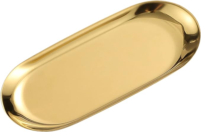 1 Pcs Gold Trinket Tray Oval Stainless Steel Small Serving Trays Towel Storage Dish Plate Tea Fruit Trays Jewelry Plate Decorative Storage Tray (Gold 1pcs, 9 x 3.8 Inch)