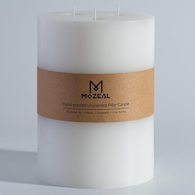 MOZEAL Extra Large 3 Wick White Pillar Candle, 6" x 6", Unscented, Dripless, Smokeless, and Clean-Burning. Approx. 160 Hours of Burn Time. Perfect for Weddings, Dinners, Christmas and Home Decor