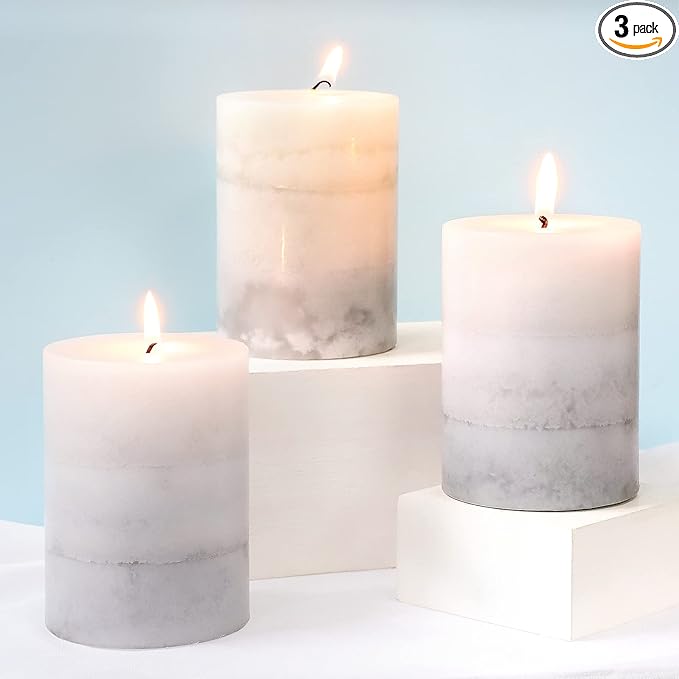 Set of 3 Scented Pillar Candles Creamy Coconut Scented 3" x 4" Long-Lasting Burn Candle White Gray Palette Pillar Candle Clean Burning No Drip Candles Gift for Home Party Dinner Table Decor