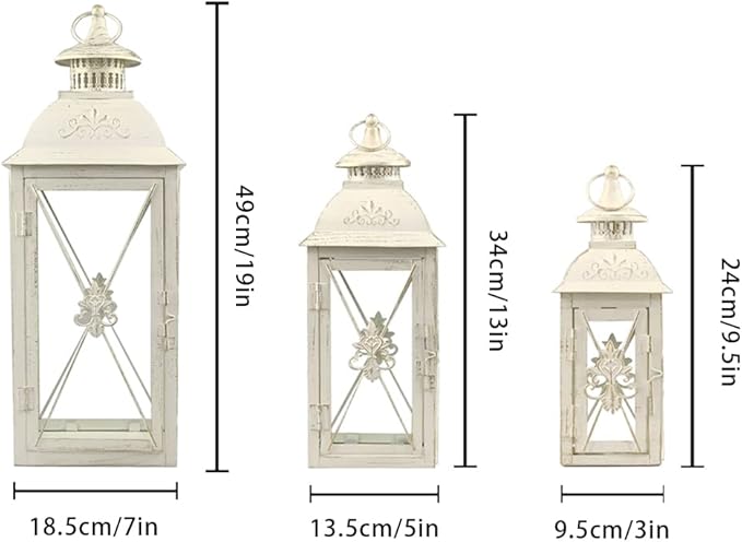 TRIROCKS 3-Pack Decorative Lanterns - 19" Vintage Metal Candle Holders with Tempered Glass - Perfect for Christmas, Living Room, Garden, Patio, Indoor & Outdoor Events (White with Gold Brush Finish)