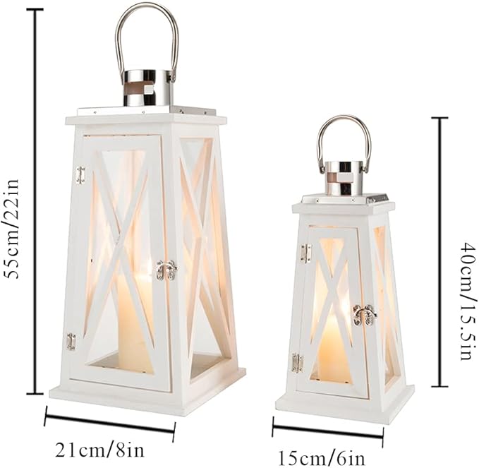 TRIROCKS Set of 2 Farmhouse Wooden Lantern 15.5''&22'' Metal Decorative Candle Holders with Tempered Glass Rustic Outdoor Lantern for Thanksgiving Christmas Patio Wedding Parties Indoor Outdoor(White)