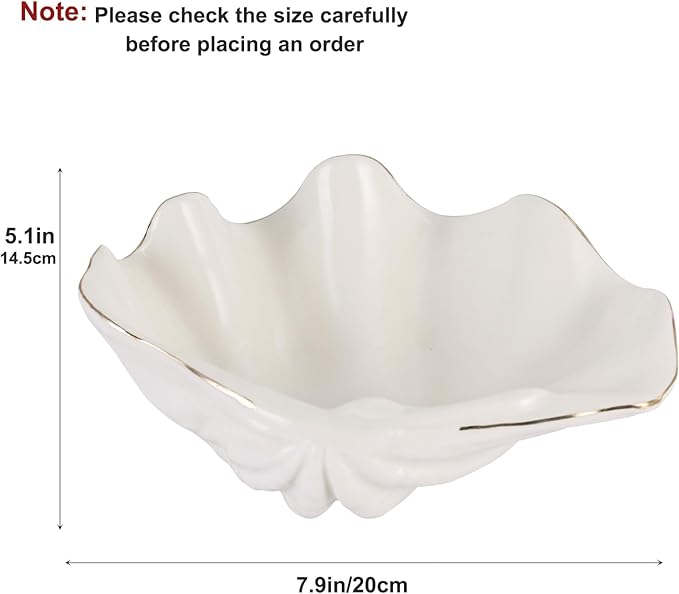 White Shell Decorative Bowl – 7.9" Resin Clam Shell with Gold Rim, Coastal Centerpiece for Bathroom Vanity, Entryway, or Living Room, Jewelry Holder, Key Tray, Fruit Bowl, Beach House Decor