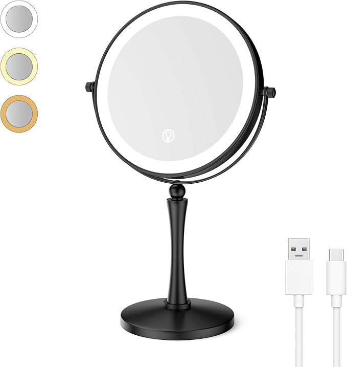 Nicesail 8” Desk Mirror with Light Dimmable 3 Colors Lighting, Magnifying Mirror with Lights and 1X/7X Magnification Makeup Vanity Mirror with Lights, Makeup Mirror for Home Hotel Desktop, Black 7X