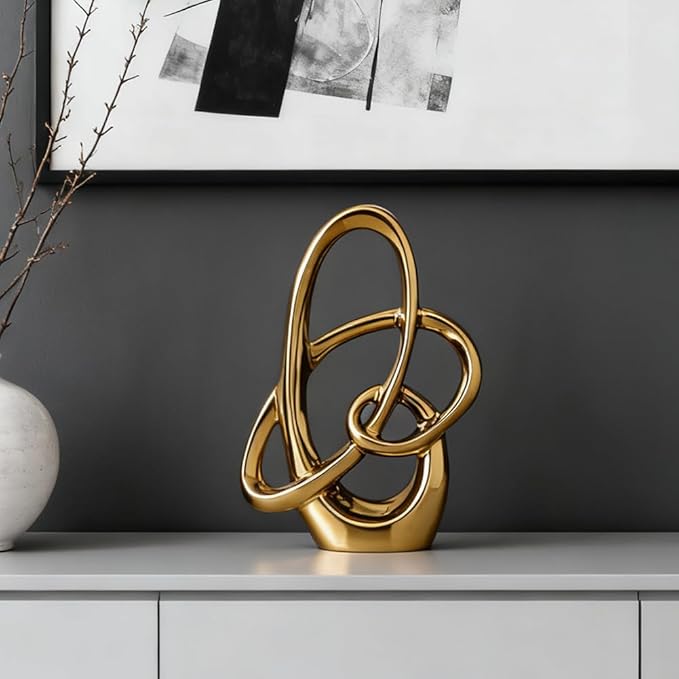 11in Gold Ceramic Statue – Modern Abstract Art Figurine for Shelf, Dining Table Centerpieces, Office, Living Room, Wedding or Coffee Table Home Decor Accent