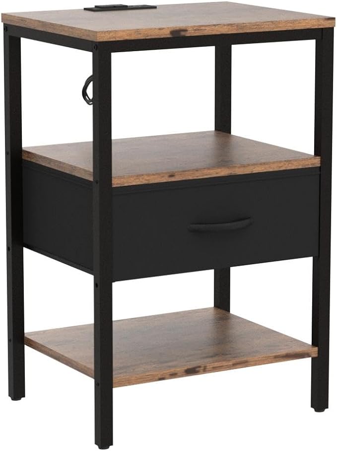 SUPERJARE Nightstand Set of 2, Bed Side Tables with Charging Station, Adjustable Fabric Drawer, Night Stand for Bedroom, 3-Tier Storage End Tables, for Living Room, Rustic Brown and Black