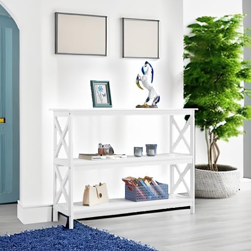 Yaheetech Console Table with 3 Storage Shelves, Entryway Table Sofa Side Table Narrow Long Bookshelf for Hallway Living Room, Accent Furniture, White