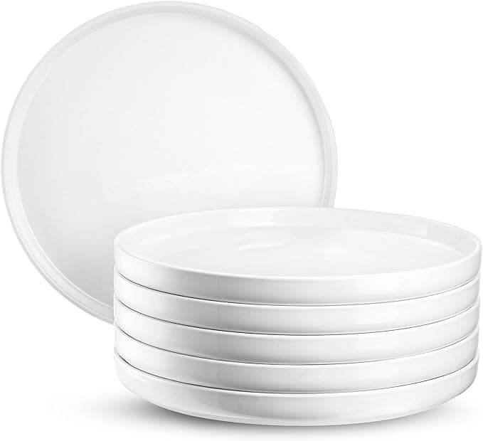 Jassceram 10.5 Inch Dinner Plates, Ceramic Flat Plates for Dining and Kitchen, High Edge Modern Plates - Microwave, Oven and Dishwasher Safe, Scratch Resistant and Lead-free, Set of 6, White