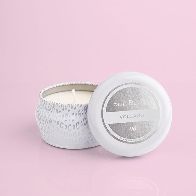 Capri Blue Volcano Scented Mini Tin Candle - Printed Mini Tin Jar Candle - Luxury Candles for Home Scented with Tropical Fruit & Sugared Citrus - Soy Candle Wax Blend - White Candle (3 oz)