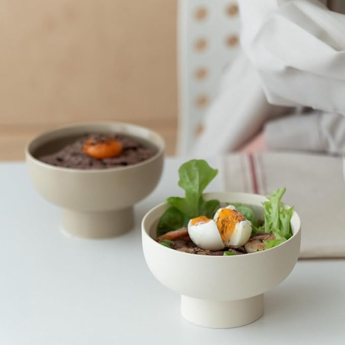 High-foot Fruit Bowl, Ceramic Pedestal Decorative Bowl, Round Bowl for Salad, H2.55" × W4.5" Small Size, 8.4oz, Matte Crème