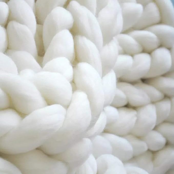 Chunky Knit Blanket Hand Made Merino Wool Throw Boho Bedroom Sofa Home Decor Giant Yarn(White 47"x60")