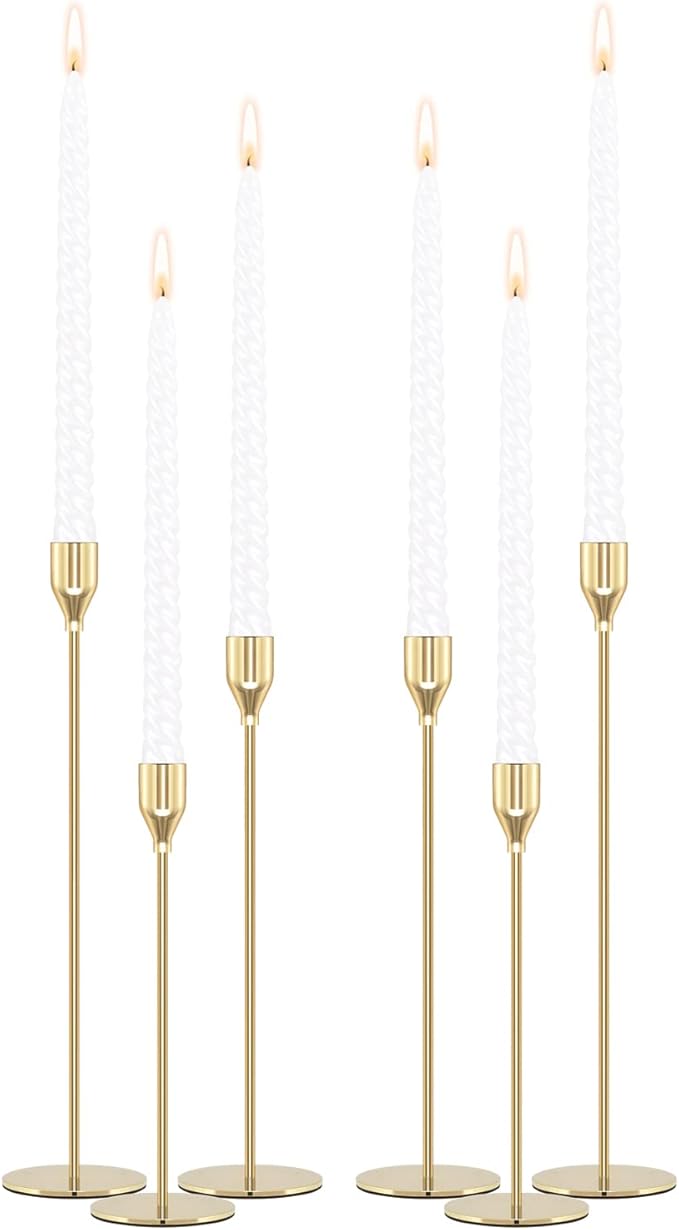 Gold Candle Holders Candlestick Holders for Taper Candles, Set of 6 Modern Decorative Candle Sticks Long Holder for Table Centerpiece, Wedding, Dinning, Party (Candles are not Included)