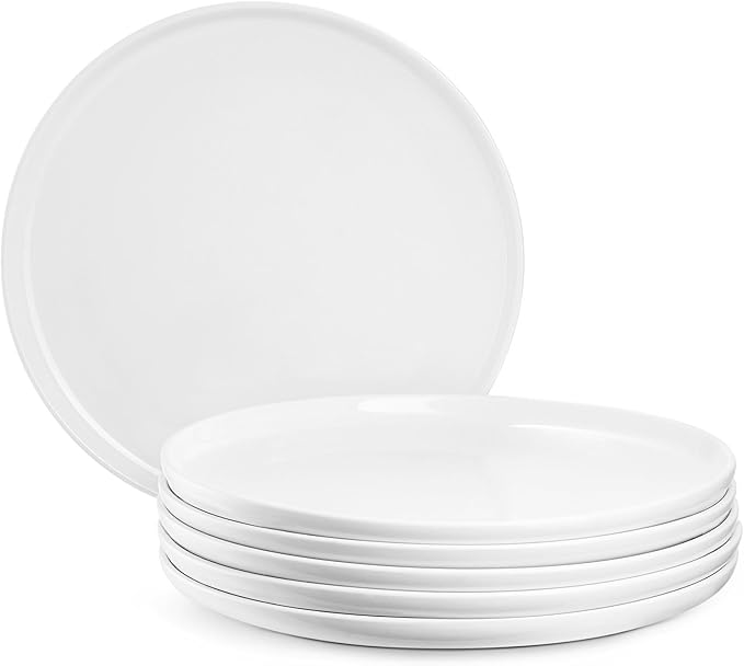 Jassceram 10.5 Inch White Dinner Plates Set of 6, Ceramic Round Plates for Kitchen or Restaurant, Salad Plates Modern Dish Set - Microwave, Oven and Dishwasher Safe, Scratch Resistant and Lead-free