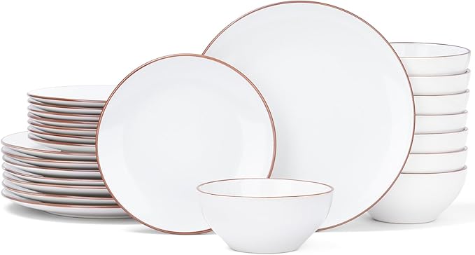 Famiware Venus Plates and Bowls Sets, 24 Pieces Stoneware Dinnerware Sets, Speckled Dishes Set for 6, Microwave and Dishwasher Safe, White