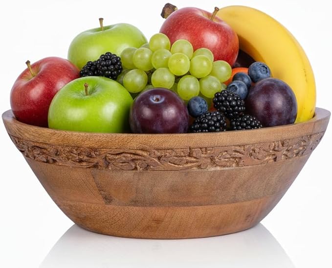 Mela Artisans Wooden Fruit Bowl | Medium Burnt Finish | Large 12” Mango Wood Serving Bowl | Multipurpose for Kitchen Countertop | Salad| Fruit| Snacks| Breads & More | Natural Grain Texture
