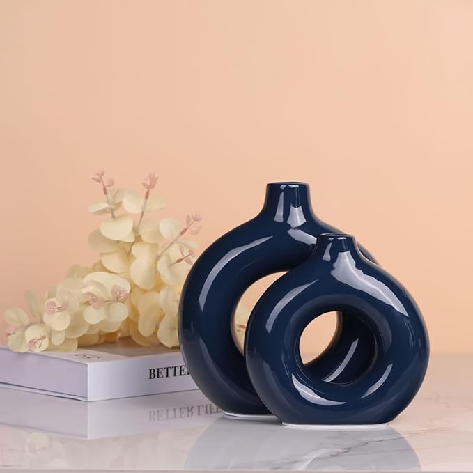 Bright Blue Ceramic Vase Set of 2 - Decorative Circular Blue Vases for Centerpieces, Farmhouse and Home Decor - Ideal for Living Room, Kitchen, Bedroom, Dining Table and Office Decor