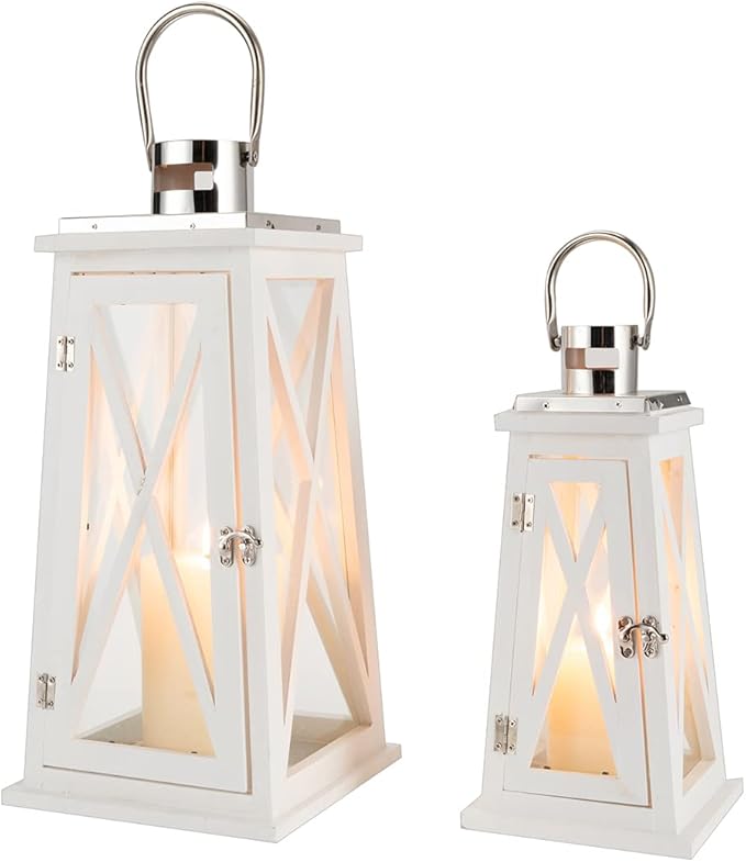 TRIROCKS Set of 2 Farmhouse Wooden Lantern 15.5''&22'' Metal Decorative Candle Holders with Tempered Glass Rustic Outdoor Lantern for Thanksgiving Christmas Patio Wedding Parties Indoor Outdoor(White)