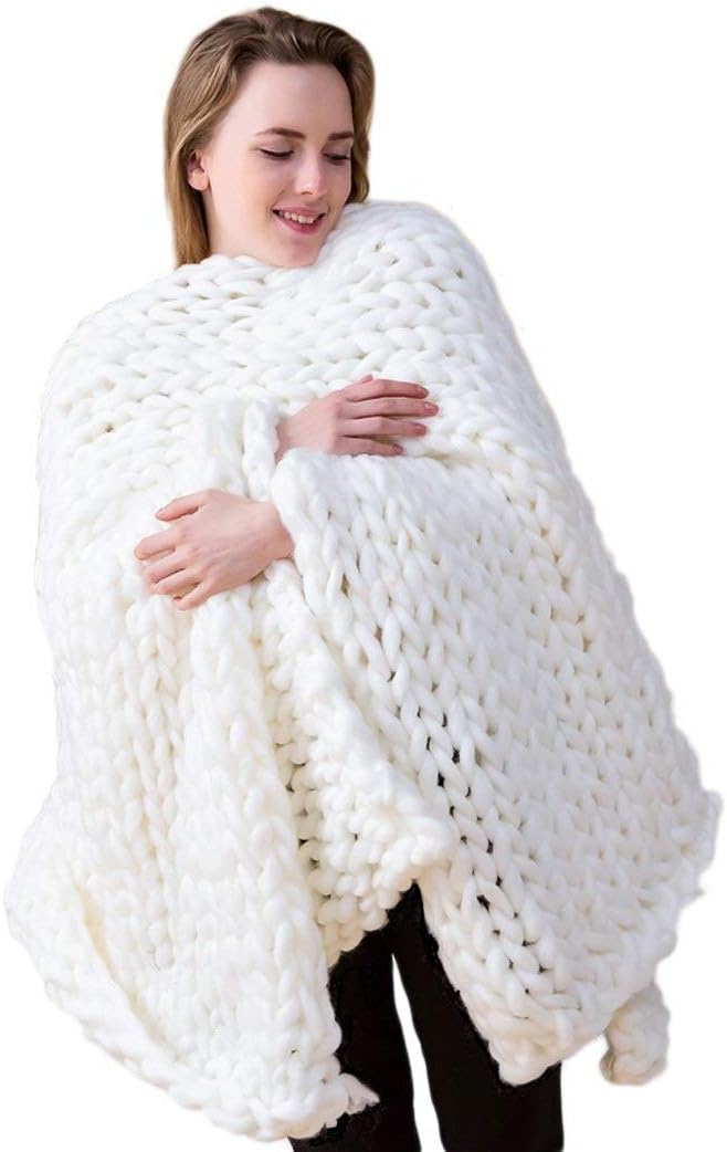 Chunky Knit Blanket Hand Made Merino Wool Throw Boho Bedroom Sofa Home Decor Giant Yarn(White 47"x60")