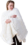 Chunky Knit Blanket Hand Made Merino Wool Throw Boho Bedroom Sofa Home Decor Giant Yarn(White 47"x60")