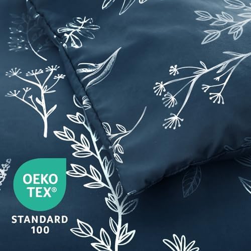 MUXHOMO Navy Blue Bed in a Bag Queen 7 Pieces, Queen Comforter Set Reversible Botanical Flowers Design, Ultra Soft & Breathable Bedding Sets with Comforter, Sheets, Pillowcases & Shams