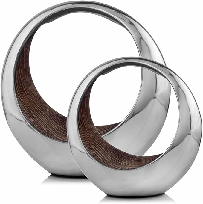 Modern Day Accents 3501 Large Anillo 2-Tone Decorative, Aluminum, Tabletop, Accents, House Decor, Bowl, Modern, Engagement Wedding Trays, Ring Display Stand, Key Holder 16"L x 8"W x 16"H, Brown Silver