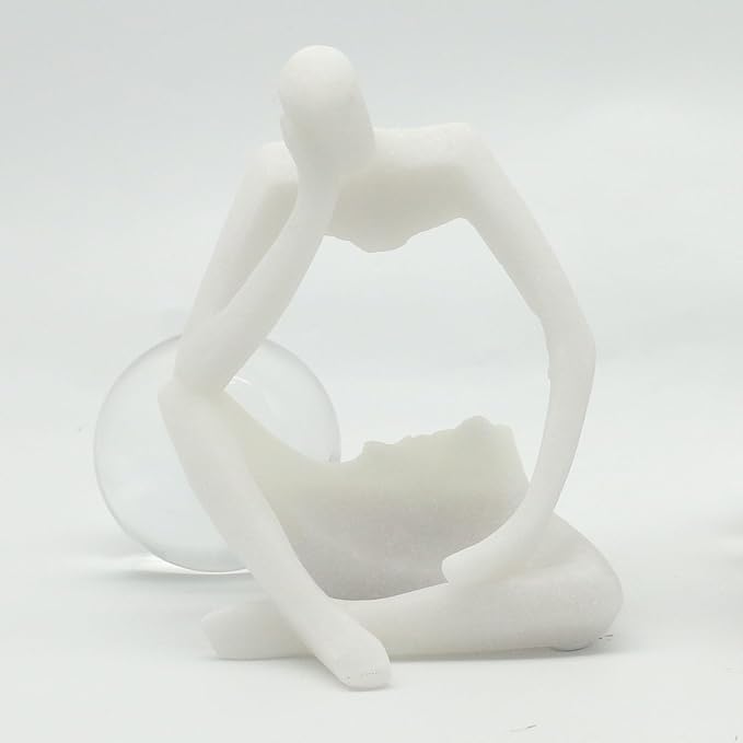 Lukitas Resin Thinker Statue - Holding Crystal Ball Sculpture, Modern Abstract Collectible Figurine for Home Office Bookshelf Decor, White Sand 7.5''