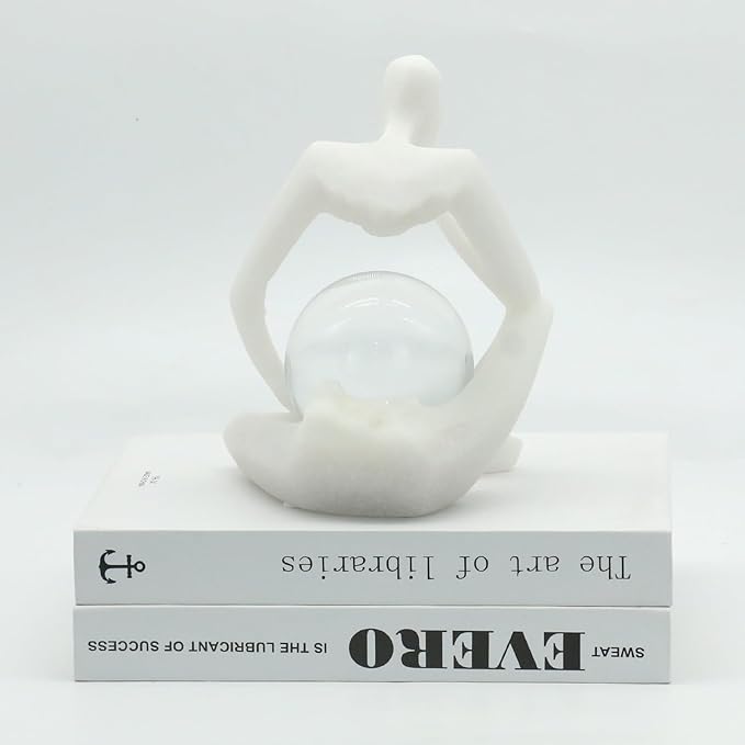 Lukitas Resin Thinker Statue - Holding Crystal Ball Sculpture, Modern Abstract Collectible Figurine for Home Office Bookshelf Decor, White Sand 7.5''