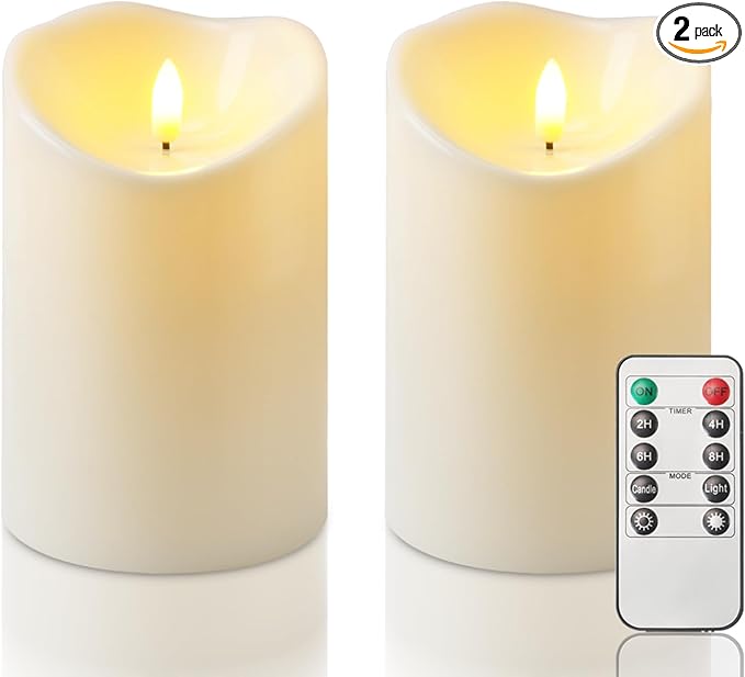 Homemory 4"x6" Outdoor Waterproof Flameless Candles with Timers and Remote Control, Battery Operated Candles, LED Plastic Candles, Ivory White, Set of 2