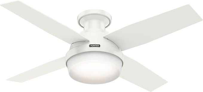 Hunter 44 inch Indoor Ceiling Fan with LED Light and Remote Control - White Modern Ceiling Fan, Low Profile Mount, 4 Blades, For Bedroom, Living Room, or Kitchen, Quiet - Dempsey 59244, Fresh White