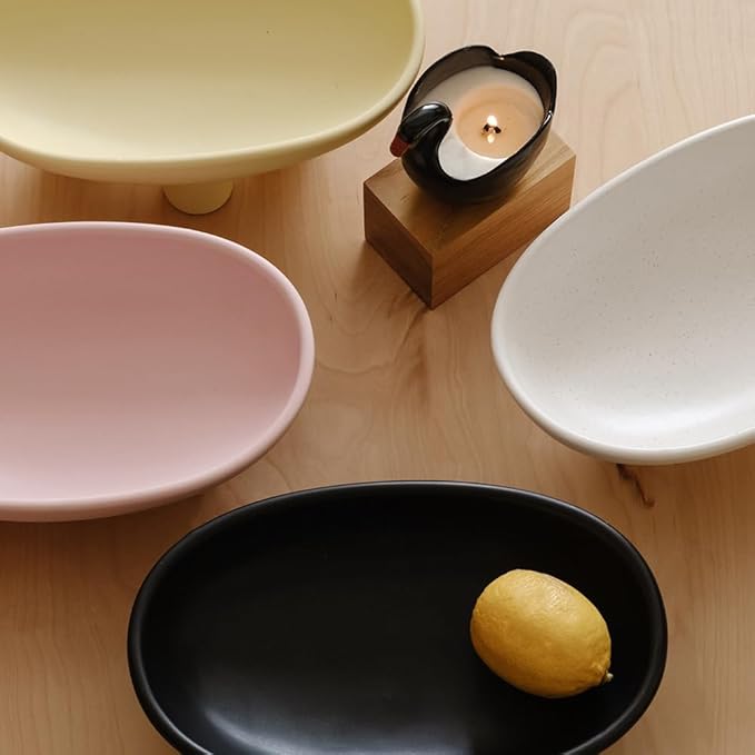 WENSHUO Three-Legs Ceramic Fruit Bowl for Kitchen Counter, Decorative Bowl for Table Décor, 10-inch Oval Large Bowls for Breads (Black)