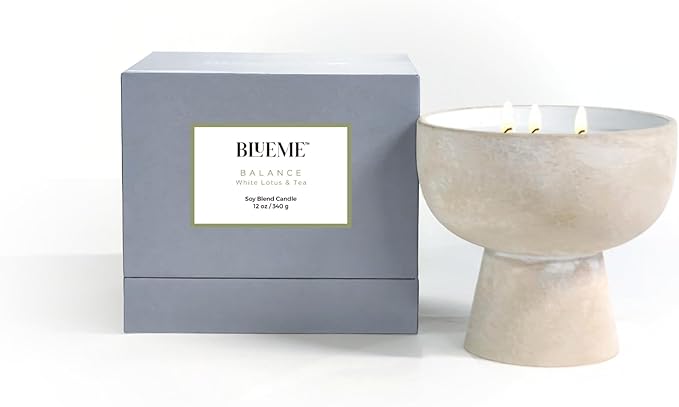 BLUEME Balance - White Lotus & Tea, Luxury Candle w/Essential Oils, 3 Wick, Hand-Poured Soy, Cotton Wick, Ceramic