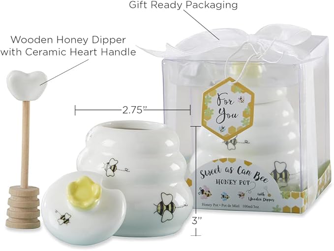 Kate Aspen Sweet as Can Bee Ceramic Mini Honey Pot with Wooden Honey Dipper (3.4 oz) Honey Jar, Bee Decor, White/Yellow (23261WT)