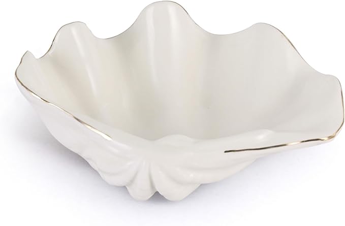 White Shell Decorative Bowl – 7.9" Resin Clam Shell with Gold Rim, Coastal Centerpiece for Bathroom Vanity, Entryway, or Living Room, Jewelry Holder, Key Tray, Fruit Bowl, Beach House Decor