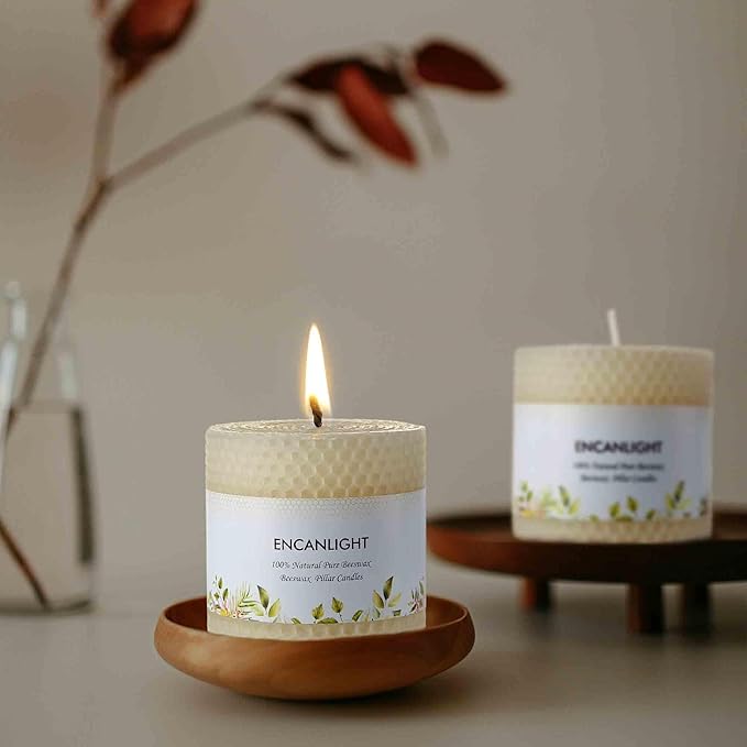 Beeswax Pillar Candles, 3x3 Inch White Hand-Rolled Honeycomb Pillar Candle Set of 2 - Dripless and Smokeless, Approx 9 Hours Hurn for Home Decor, Party, Wedding, Dinner
