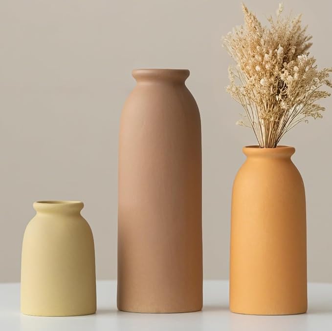 Ceramic Vase Set-3, Small Flower Vases for Decor, Modern Boho Farmhouse Style, Decorative Vases for Pampas Grass & Dried Flowers, Distressed Finish (Brown Mix)
