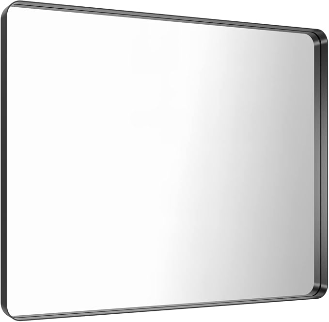 LOAAO 48x36 Inch Black Metal Framed Bathroom Mirror for Wall, Matte Black Bathroom Vanity Mirror Farmhouse, Large Rounded Rectangle Mirror, Anti-Rust, Tempered Glass, Hangs Horizontally or Vertically