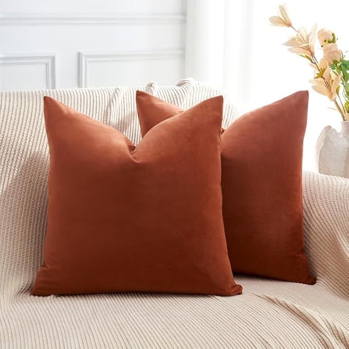 Throw Pillow Covers Rust Set of 2 16x16 Inch Pillow Covers, Soft Velvet Fall Decorative Cases for Couch Sofa Bed, Home Boho Decor, Modern Farmhouse Cushion Covers