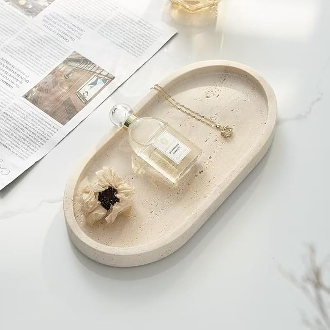 Natural Marble Tray, Oval Vanity Decorative Tray for Bathroom Counter, Countertop Stone Organizer, Catchall Tray for Kitchen, Perfume, Candles, Jewelry Dish Decorative Tray